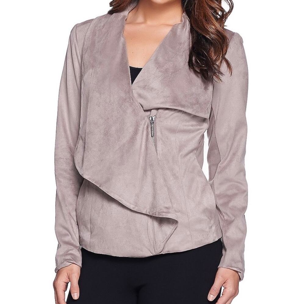 H by Halston Gray Faux Suede Draped Front Waterfall Asymmetrical Zip Jacket 12